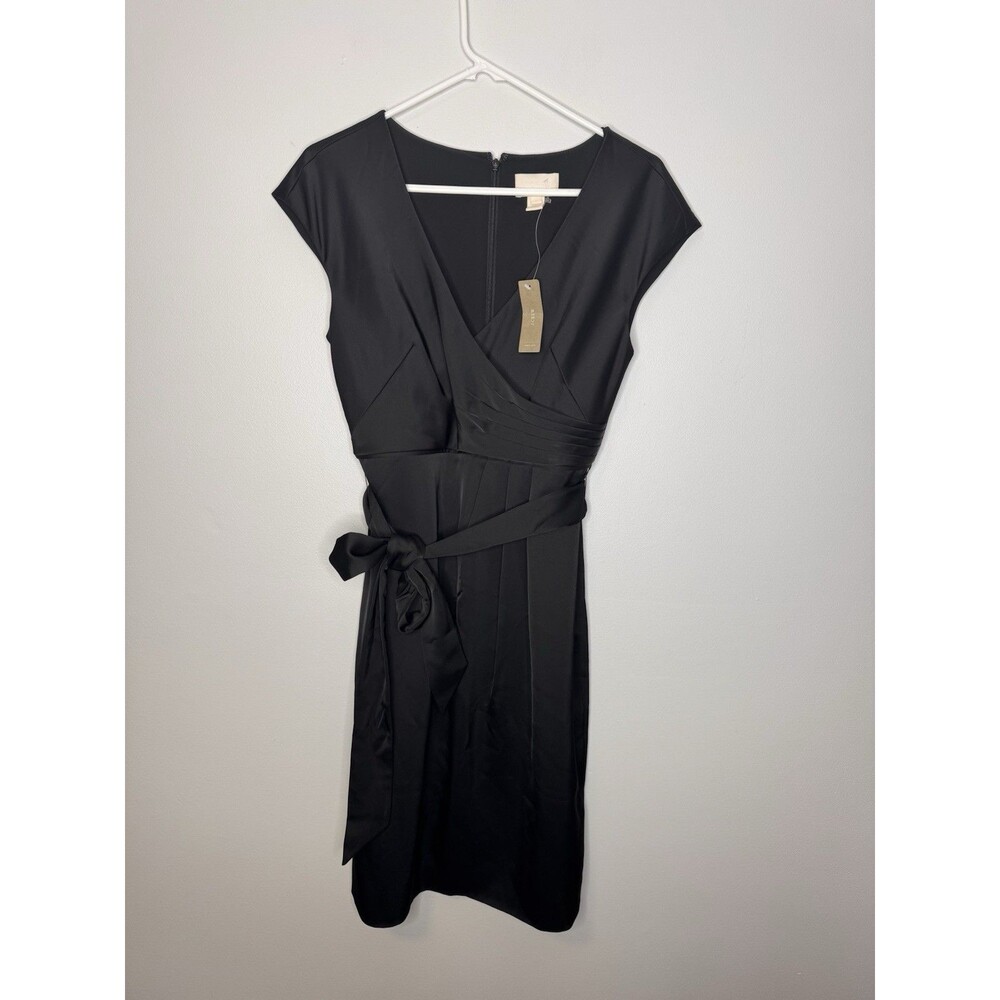 New J. Crew Black Cap Sleeve Tie Waist V Neck Modest Silky Dress Sz 4 Elegant